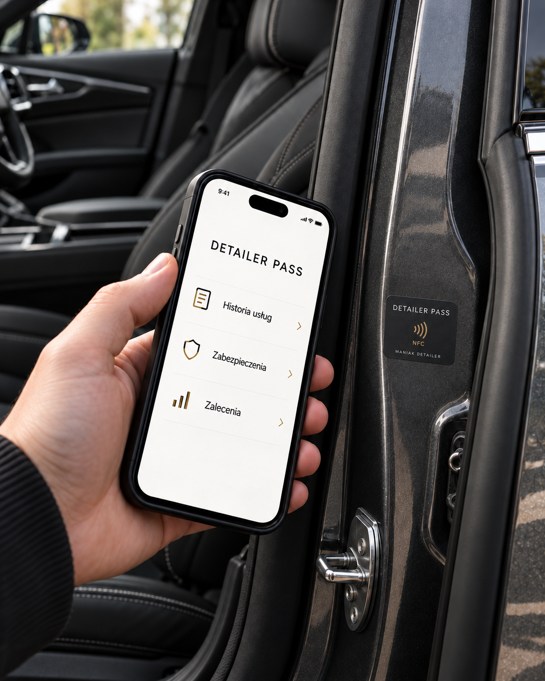 Naklejka Detailer Pass NFC we wnęce drzwi samochodu i cyfrowy paszport pojazdu na telefonie